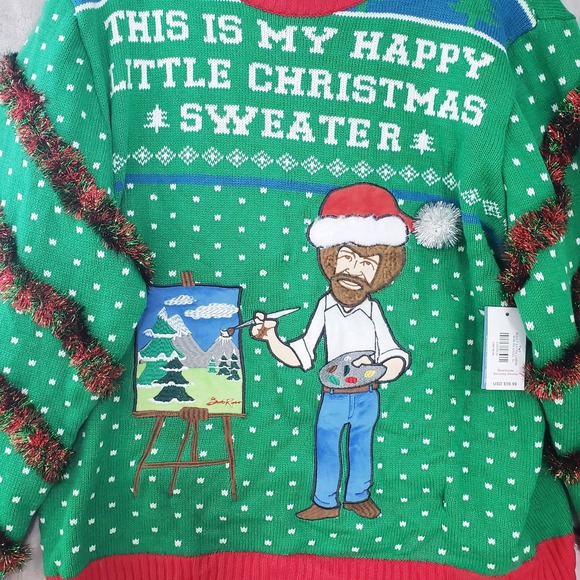 Bob Ross Ugly Christmas Sweater Mens XL Happy Little Christmas Lights Up NWT - Picture 2 of 11
